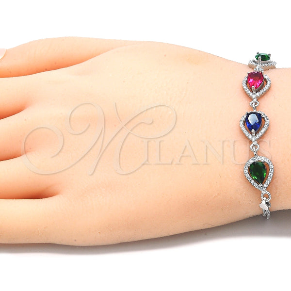 Pulsera Elegante 03.286.0018.4.07 Plata Rodinada, Diseño de Gota, con Zirconia Cubica Multicolor y Cristal Blanca, Pulido, Rodinado (Grosor 02 MM, 7 Pulgadas de Largo)