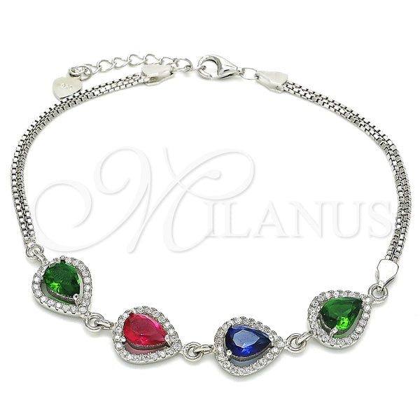 Pulsera Elegante 03.286.0018.4.07 Plata Rodinada, Diseño de Gota, con Zirconia Cubica Multicolor y Cristal Blanca, Pulido, Rodinado (Grosor 02 MM, 7 Pulgadas de Largo)