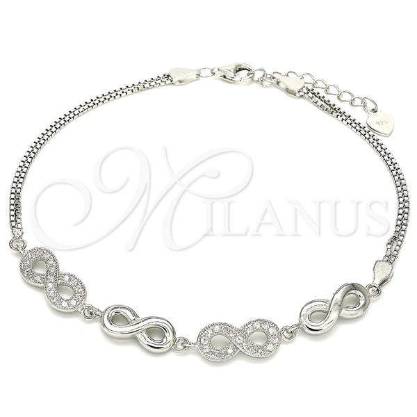 Pulsera Elegante 03.286.0022.08 Plata Rodinada, Diseño de Infinito, con Micro Pave Blanca, Pulido, Rodinado (Grosor 02 MM, 8 Pulgadas de Largo)