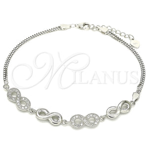 Pulsera Elegante 03.286.0022.08 Plata Rodinada, Diseño de Infinito, con Micro Pave Blanca, Pulido, Rodinado (Grosor 02 MM, 8 Pulgadas de Largo)
