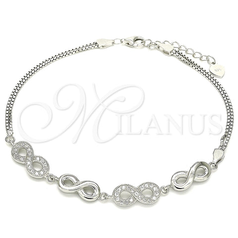 Pulsera Elegante 03.286.0022.08 Plata Rodinada, Diseño de Infinito, con Micro Pave Blanca, Pulido, Rodinado (Grosor 02 MM, 8 Pulgadas de Largo)
