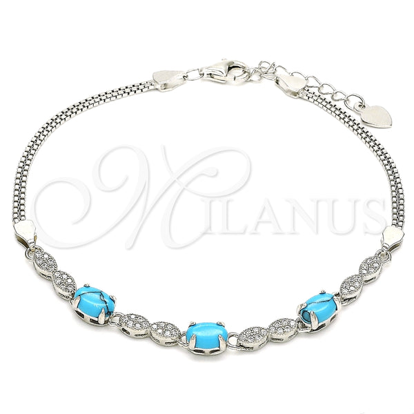 Pulsera Elegante 03.286.0025.07 Plata Rodinada, con Zirconia Cubica Turquoise y Micro Pave Blanca, Pulido, Rodinado (Grosor 02 MM, 7 Pulgadas de Largo)