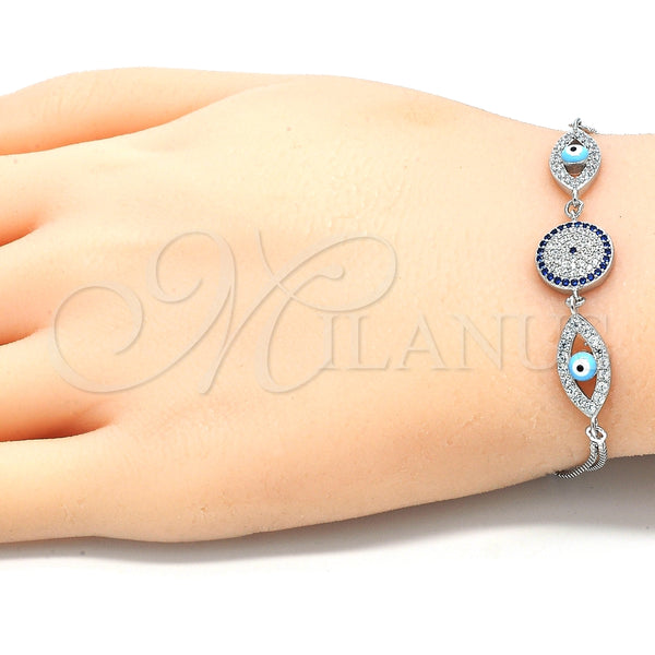 Pulsera Elegante 03.286.0026.07 Plata Rodinada, Diseño de Ojo Griego, con Zirconia Cubica Zafiro Azul y Blanca, Esmaltado Turquesa, Rodinado (Grosor 02 MM, 7 Pulgadas de Largo)