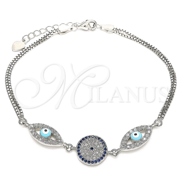 Pulsera Elegante 03.286.0026.07 Plata Rodinada, Diseño de Ojo Griego, con Zirconia Cubica Zafiro Azul y Blanca, Esmaltado Turquesa, Rodinado (Grosor 02 MM, 7 Pulgadas de Largo)