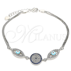 Pulsera Elegante 03.286.0026.07 Plata Rodinada, Diseño de Ojo Griego, con Zirconia Cubica Zafiro Azul y Blanca, Esmaltado Turquesa, Rodinado (Grosor 02 MM, 7 Pulgadas de Largo)