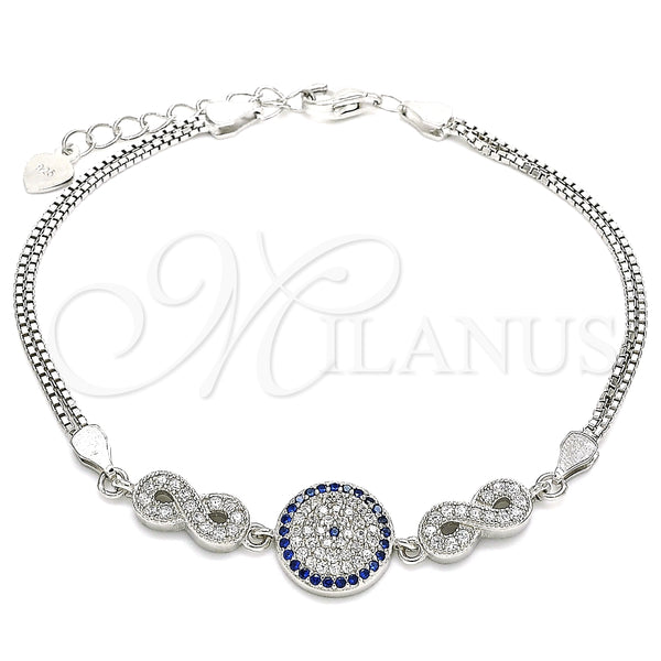 Pulsera Elegante 03.286.0028.07 Plata Rodinada, Diseño de Infinito, con Micro Pave Zafiro Azul y Blanca, Pulido, Rodinado (Grosor 02 MM, 7 Pulgadas de Largo)