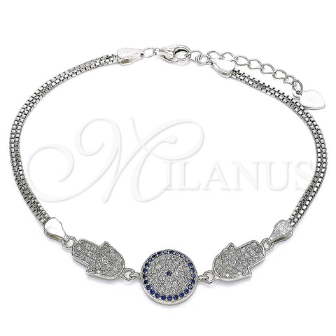 Pulsera Elegante 03.286.0029.07 Plata Rodinada, Diseño de Mano de Dios, con Micro Pave Zafiro Azul y Blanca, Pulido, Rodinado (Grosor 02 MM, 7 Pulgadas de Largo)