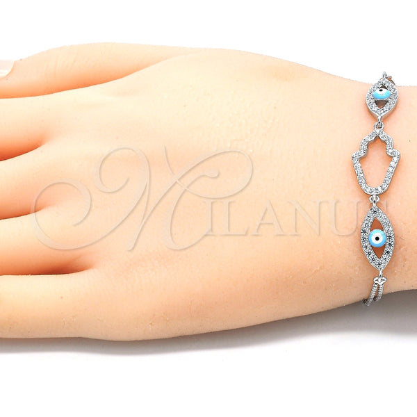 Pulsera Elegante 03.286.0030.07 Plata Rodinada, Diseño de Mano de Dios y Ojo Griego, con Zirconia Cubica Blanca, Esmaltado Turquesa, Rodinado (Grosor 02 MM, 7 Pulgadas de Largo)
