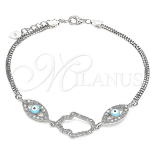 Pulsera Elegante 03.286.0030.07 Plata Rodinada, Diseño de Mano de Dios y Ojo Griego, con Zirconia Cubica Blanca, Esmaltado Turquesa, Rodinado (Grosor 02 MM, 7 Pulgadas de Largo)