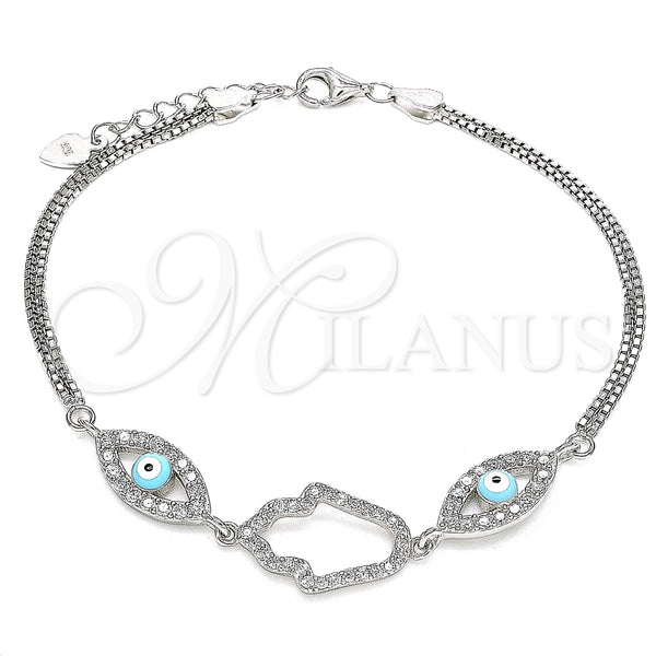 Pulsera Elegante 03.286.0030.07 Plata Rodinada, Diseño de Mano de Dios y Ojo Griego, con Zirconia Cubica Blanca, Esmaltado Turquesa, Rodinado (Grosor 02 MM, 7 Pulgadas de Largo)