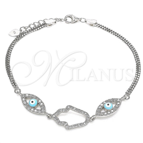 Pulsera Elegante 03.286.0030.07 Plata Rodinada, Diseño de Mano de Dios y Ojo Griego, con Zirconia Cubica Blanca, Esmaltado Turquesa, Rodinado (Grosor 02 MM, 7 Pulgadas de Largo)