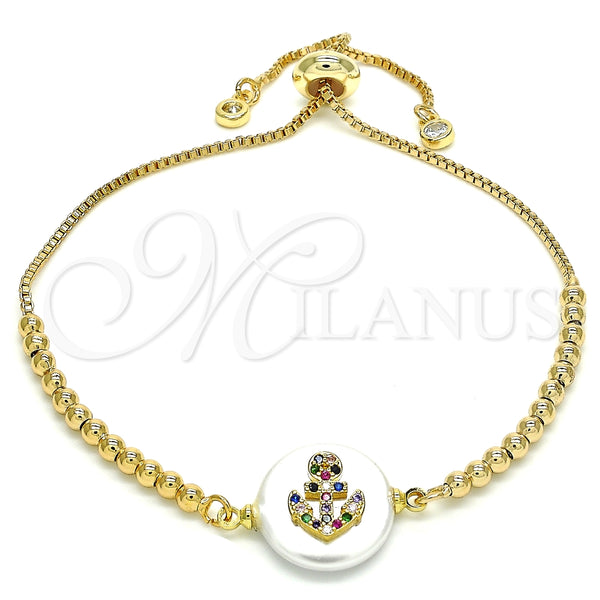 Pulsera Bolo Ajustable 03.63.2103.11 Oro Laminado, Diseño de Ancla, con Multicolor Zirconia Cubica, Pulido, Tono Dorado (01 MM Thickness, 11 Inches Length)