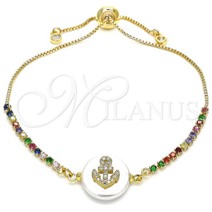 Pulsera Bolo Ajustable 03.63.2104.11 Oro Laminado, Diseño de Ancla, con Blanca and Multicolor Zirconia Cubica, Pulido, Tono Dorado (01 MM Thickness, 11 Inches Length)