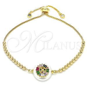 Pulsera Bolo Ajustable 03.63.2105.1.10 Oro Laminado, Diseño de Cruz, con Verde and Multicolor Zirconia Cubica, Pulido, Tono Dorado (01 MM Thickness, 10 Inches Length)
