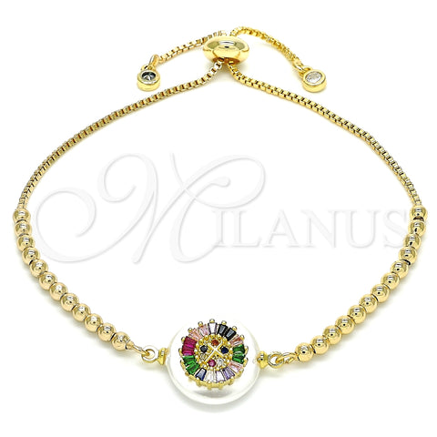 Pulsera Bolo Ajustable 03.63.2105.1.10 Oro Laminado, Diseño de Cruz, con Verde and Multicolor Zirconia Cubica, Pulido, Tono Dorado (01 MM Thickness, 10 Inches Length)