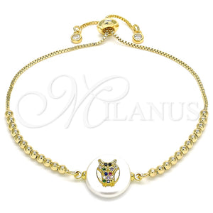 Pulsera Bolo Ajustable 03.63.2107.10 Oro Laminado, Diseño de Búho, con Multicolor Zirconia Cubica, Pulido, Tono Dorado (01 MM Thickness, 10 Inches Length)