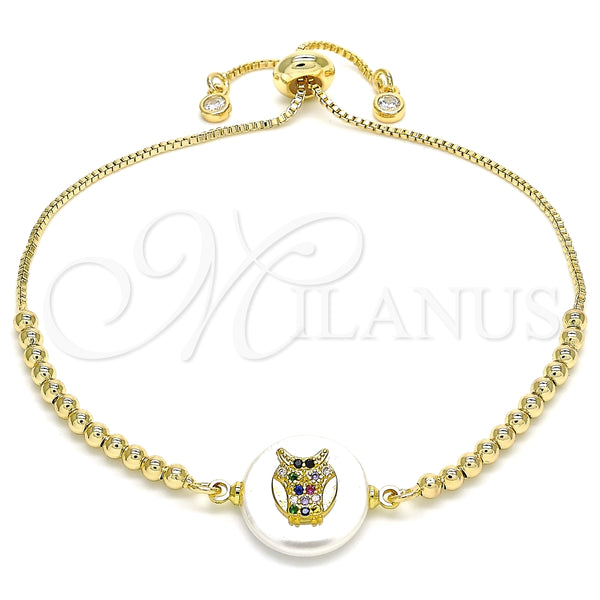 Pulsera Bolo Ajustable 03.63.2107.10 Oro Laminado, Diseño de Búho, con Multicolor Zirconia Cubica, Pulido, Tono Dorado (01 MM Thickness, 10 Inches Length)
