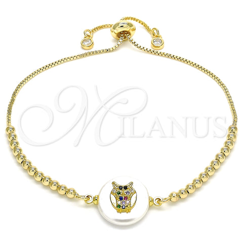 Pulsera Bolo Ajustable 03.63.2107.10 Oro Laminado, Diseño de Búho, con Multicolor Zirconia Cubica, Pulido, Tono Dorado (01 MM Thickness, 10 Inches Length)