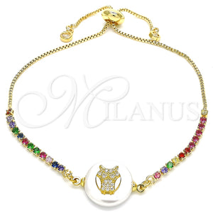 Pulsera Bolo Ajustable 03.63.2108.10 Oro Laminado, Diseño de Búho, con Blanca and Multicolor Zirconia Cubica, Pulido, Tono Dorado (01 MM Thickness, 10 Inches Length)