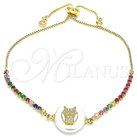 Pulsera Bolo Ajustable 03.63.2108.10 Oro Laminado, Diseño de Búho, con Blanca and Multicolor Zirconia Cubica, Pulido, Tono Dorado (01 MM Thickness, 10 Inches Length)