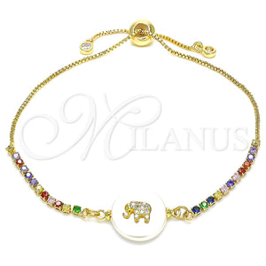 Pulsera Bolo Ajustable 03.63.2110.10 Oro Laminado, Diseño de Elefante, con Blanca and Multicolor Zirconia Cubica, Pulido, Tono Dorado (01 MM Thickness, 10 Inches Length)