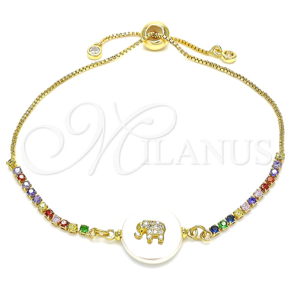 Pulsera Bolo Ajustable 03.63.2110.10 Oro Laminado, Diseño de Elefante, con Blanca and Multicolor Zirconia Cubica, Pulido, Tono Dorado (01 MM Thickness, 10 Inches Length)