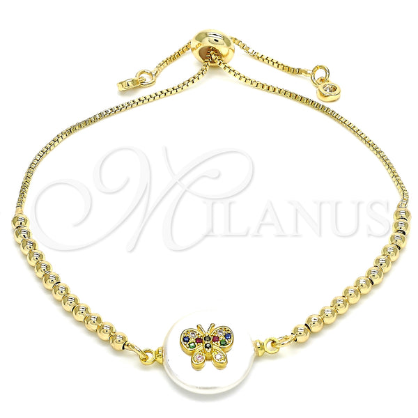 Pulsera Bolo Ajustable 03.63.2111.10 Oro Laminado, Diseño de Mariposa, con Multicolor Zirconia Cubica, Pulido, Tono Dorado (01 MM Thickness, 10 Inches Length)