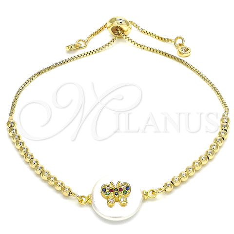 Pulsera Bolo Ajustable 03.63.2111.10 Oro Laminado, Diseño de Mariposa, con Multicolor Zirconia Cubica, Pulido, Tono Dorado (01 MM Thickness, 10 Inches Length)