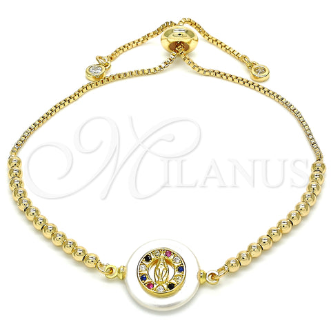Pulsera Bolo Ajustable 03.63.2113.10 Oro Laminado, Diseño de Virgen Maria, con Multicolor Zirconia Cubica, Pulido, Tono Dorado (01 MM Thickness, 10 Inches Length)