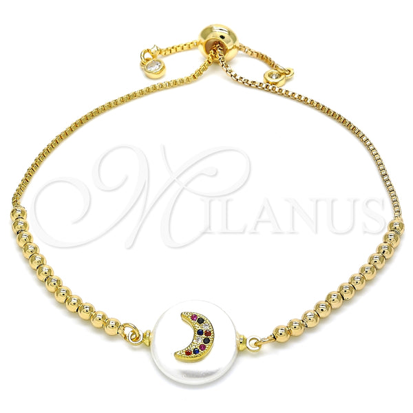 Pulsera Bolo Ajustable 03.63.2119.10 Oro Laminado, Diseño de Luna, con Multicolor Zirconia Cubica, Pulido, Tono Dorado (01 MM Thickness, 10 Inches Length)
