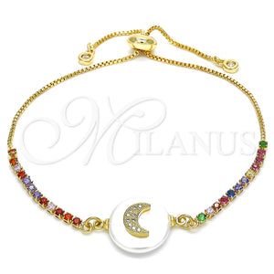 Pulsera Bolo Ajustable 03.63.2120.10 Oro Laminado, Diseño de Luna, con Blanca and Multicolor Zirconia Cubica, Pulido, Tono Dorado (01 MM Thickness, 10 Inches Length)