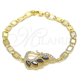 Pulsera Elegante 03.63.2125.1.07 Oro Laminado, Diseño de Pavo Real, con Negro and Blanca Zirconia Cubica, Pulido, Tono Dorado (05 MM Thickness, 7 Inches Length)