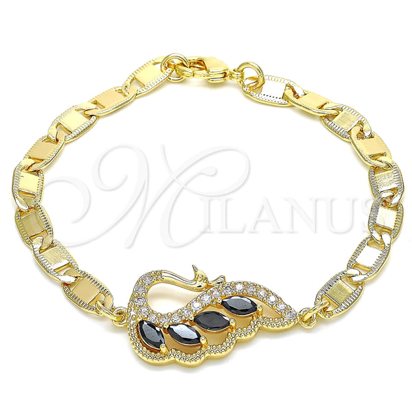 Pulsera Elegante 03.63.2125.1.07 Oro Laminado, Diseño de Pavo Real, con Negro and Blanca Zirconia Cubica, Pulido, Tono Dorado (05 MM Thickness, 7 Inches Length)
