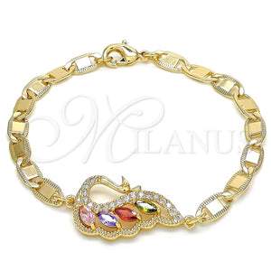 Pulsera Elegante 03.63.2125.2.07 Oro Laminado, Diseño de Pavo Real, con Multicolor Zirconia Cubica, Pulido, Tono Dorado (05 MM Thickness, 7 Inches Length)