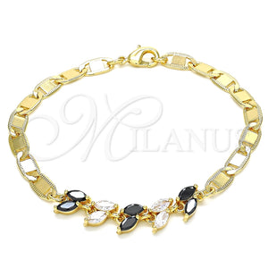 Pulsera Elegante 03.63.2128.1.08 Oro Laminado, Diseño de Oja, con Negro and Blanca Zirconia Cubica, Pulido, Tono Dorado (05 MM Thickness, 8 Inches Length)
