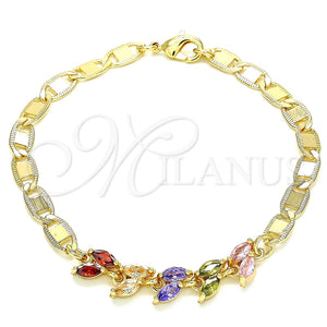 Pulsera Elegante 03.63.2128.2.08 Oro Laminado, Diseño de Oja, con Multicolor Zirconia Cubica, Pulido, Tono Dorado (05 MM Thickness, 8 Inches Length)