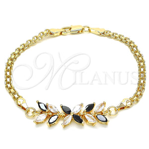 Pulsera Elegante 03.63.2129.1.07 Oro Laminado, Diseño de Flor y Oja, con Negro and Blanca Zirconia Cubica, Pulido, Tono Dorado (04 MM Thickness, 7 Inches Length)