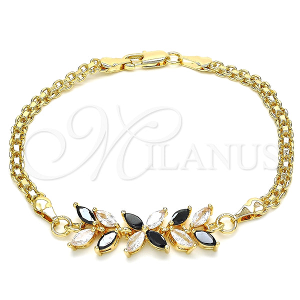 Pulsera Elegante 03.63.2129.1.07 Oro Laminado, Diseño de Flor y Oja, con Negro and Blanca Zirconia Cubica, Pulido, Tono Dorado (04 MM Thickness, 7 Inches Length)