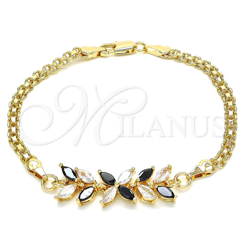 Pulsera Elegante 03.63.2129.1.07 Oro Laminado, Diseño de Flor y Oja, con Negro and Blanca Zirconia Cubica, Pulido, Tono Dorado (04 MM Thickness, 7 Inches Length)
