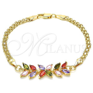 Pulsera Elegante 03.63.2129.2.07 Oro Laminado, Diseño de Flor y Oja, con Multicolor Zirconia Cubica, Pulido, Tono Dorado (04 MM Thickness, 7 Inches Length)