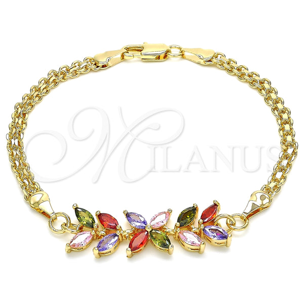 Pulsera Elegante 03.63.2129.2.07 Oro Laminado, Diseño de Flor y Oja, con Multicolor Zirconia Cubica, Pulido, Tono Dorado (04 MM Thickness, 7 Inches Length)