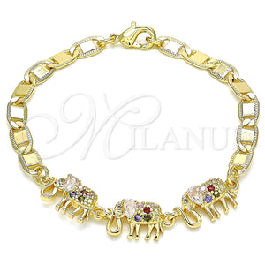 Pulsera Elegante 03.63.2131.3.07 Oro Laminado, Diseño de Elefante, con Multicolor Zirconia Cubica, Pulido, Tono Dorado (05 MM Thickness, 7 Inches Length)