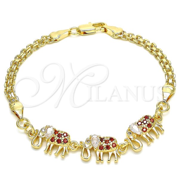 Pulsera Elegante 03.63.2132.1.08 Oro Laminado, Diseño de Elefante, con Granate and Blanca Zirconia Cubica, Pulido, Tono Dorado (04 MM Thickness, 8 Inches Length)