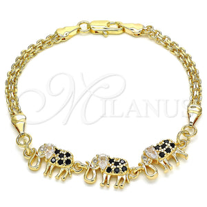 Pulsera Elegante 03.63.2132.2.08 Oro Laminado, Diseño de Elefante, con Negro and Blanca Zirconia Cubica, Pulido, Tono Dorado (04 MM Thickness, 8 Inches Length)