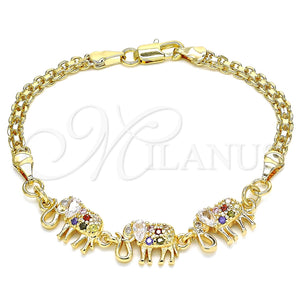 Pulsera Elegante 03.63.2132.3.08 Oro Laminado, Diseño de Elefante, con Multicolor Zirconia Cubica, Pulido, Tono Dorado (04 MM Thickness, 8 Inches Length)