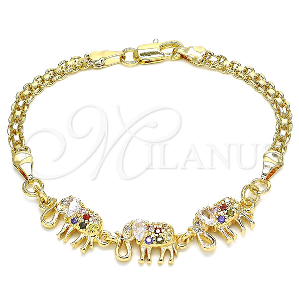 Pulsera Elegante 03.63.2132.3.08 Oro Laminado, Diseño de Elefante, con Multicolor Zirconia Cubica, Pulido, Tono Dorado (04 MM Thickness, 8 Inches Length)