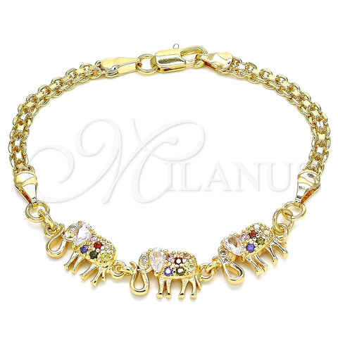 Pulsera Elegante 03.63.2132.3.08 Oro Laminado, Diseño de Elefante, con Multicolor Zirconia Cubica, Pulido, Tono Dorado (04 MM Thickness, 8 Inches Length)