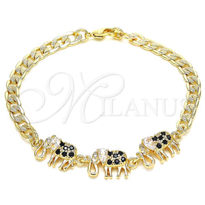 Pulsera Elegante 03.63.2138.2.07 Oro Laminado, Diseño de Elefante, con Negro and Blanca Zirconia Cubica, Pulido, Tono Dorado (05 MM Thickness, 7 Inches Length)