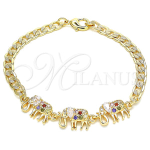 Pulsera Elegante 03.63.2138.3.07 Oro Laminado, Diseño de Elefante, con Multicolor Zirconia Cubica, Pulido, Tono Dorado (05 MM Thickness, 7 Inches Length)