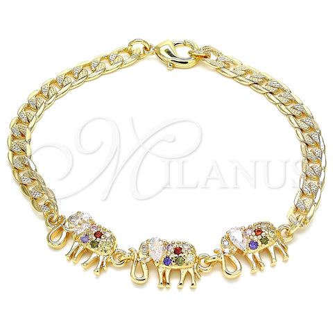 Pulsera Elegante 03.63.2138.3.07 Oro Laminado, Diseño de Elefante, con Multicolor Zirconia Cubica, Pulido, Tono Dorado (05 MM Thickness, 7 Inches Length)